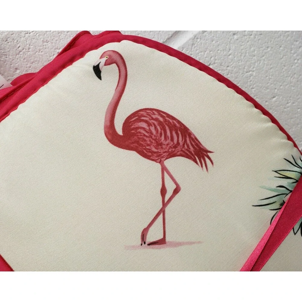 Set of 4 CHAIR PADS CUSHIONS w/ pink strings, FLAMINGOS & PINEAPPLES,15